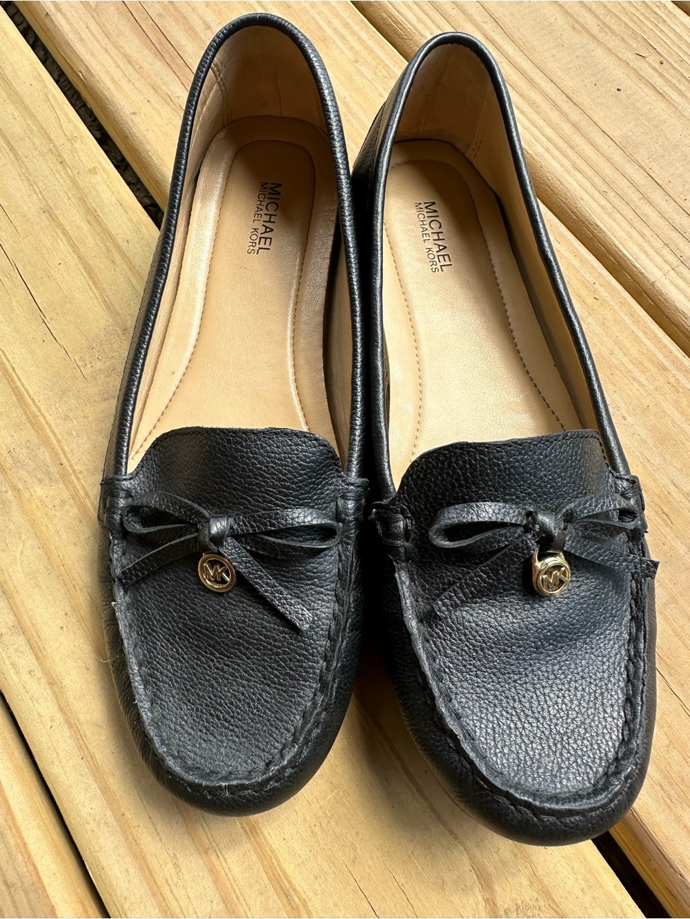 Michael Kors Black Pebbled Leather Bow Moccasins with Gold MK Charm